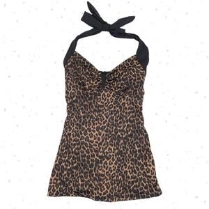 Pinup Couture Swimsuit Leopard Animal Print Black Retro Vintage Halter Size S